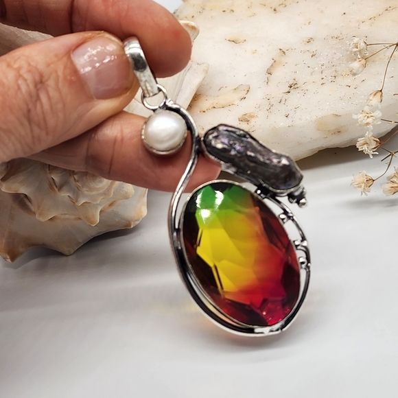 Red/Green Ametrin black Tahitian Pearl Stone Silver 925 Pendant - Picture 7 of 10